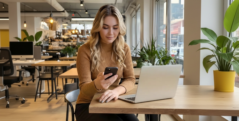 Vrouw test mobiele app UX op smartphone naast laptop in druk kantoor