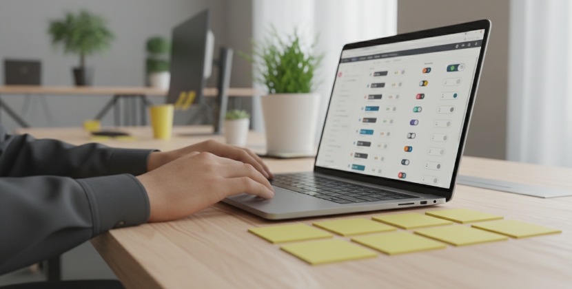 Handen configureren feature flags voor app design experiment op laptop