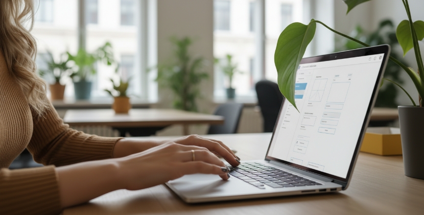 UX design webshop wireframe op laptop, ontwerper werkt aan webshop conversie optimalisatie