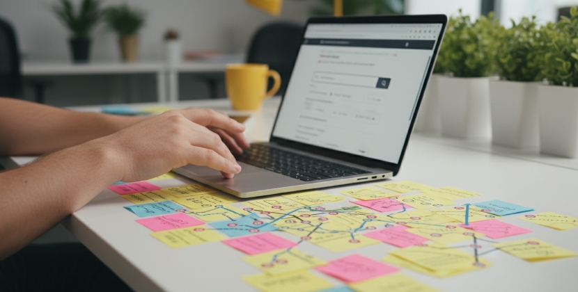 UX designer plant webshop gebruikersstroom met post-its en laptop voor betere conversie