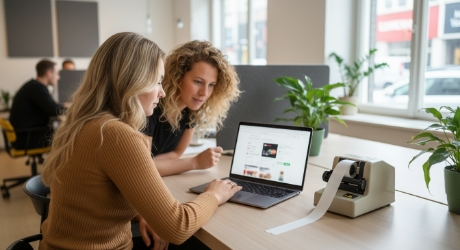 Twee collega's reviewen UX design webshop en productpagina-inrichting op laptop