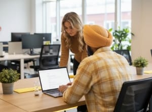 Two colleagues reviewing a laptop together at a desk