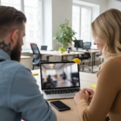 enterprise web development services planning session, product review on laptop and mobile