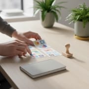 UX UI design Zwolle wireframing session with paper sketches, sticky-note tower, and clean desk setup