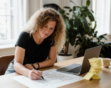 UX consultant Zwolle preparing a design handoff pack, printed UI cards and notes on a tidy desk
