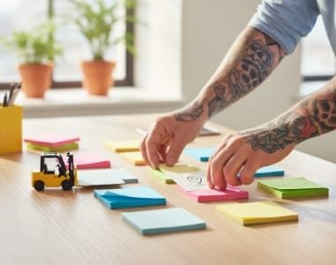 Photo-real modern office, soft daylight; @img2, cropped close-up of hands sorting blank index cards and sticky notes into neat “buckets” on a table; subtle humorous detail linked to mapping: a tiny toy forklift “moving” one card; no readable text; plants; subtle yellow accent; candid snapshot vibe.