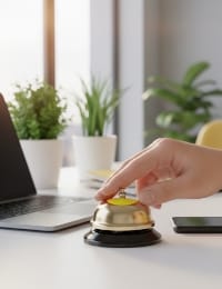 custom software development company launch workflow, calm delivery moment with desk bell and devices