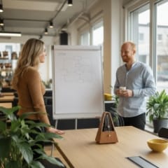 Photo-real modern office, soft daylight; @img3 and @img1, over-the-shoulder view facing a whiteboard with abstract arrows and boxes (no words); subtle humorous detail linked to sync strategy: a metronome on the table ticking like it sets the sync frequency; no readable text; plants; subtle yellow accent; candid snapshot vibe.