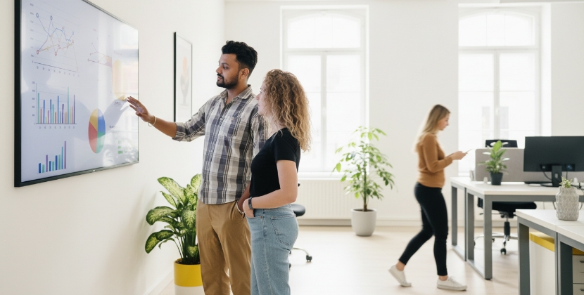 SEO-specialist bespreekt lokale SEO-strategie met collega bij glazen whiteboard