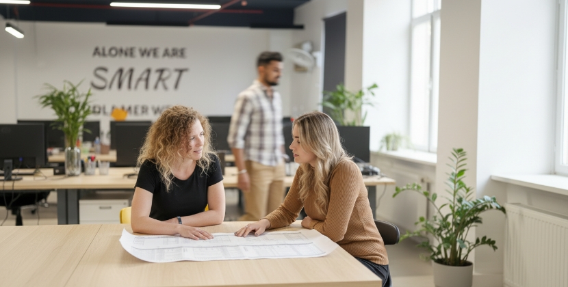 Twee collega's bespreken lokale SEO-aanpak en Google Bedrijfsprofiel optimalisatie