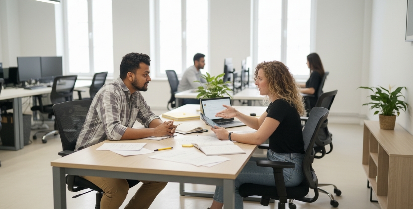 SEO-consultant bespreekt lokale SEO-resultaten en zoekwoordstrategie met klant