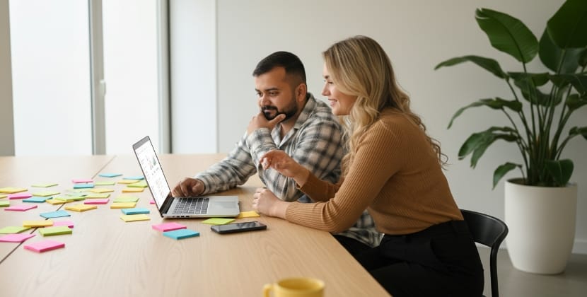 Team mapping social media marketing for sales funnel in a modern office setting