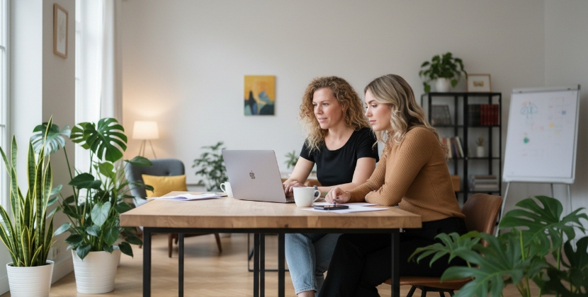 twee vrouwen vergelijken AI SEO en traditionele SEO aanpak op laptop