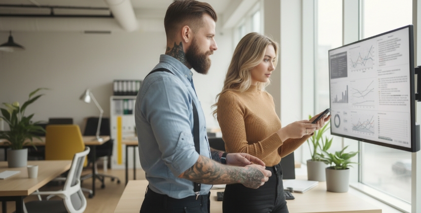 man en vrouw analyseren AI SEO data en rankingsinzichten op groot scherm
