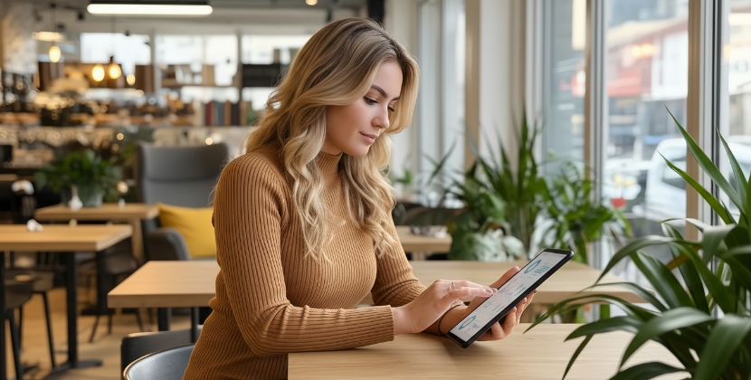 vrouw bekijkt AI SEO inzichten op tablet in modern kantoor