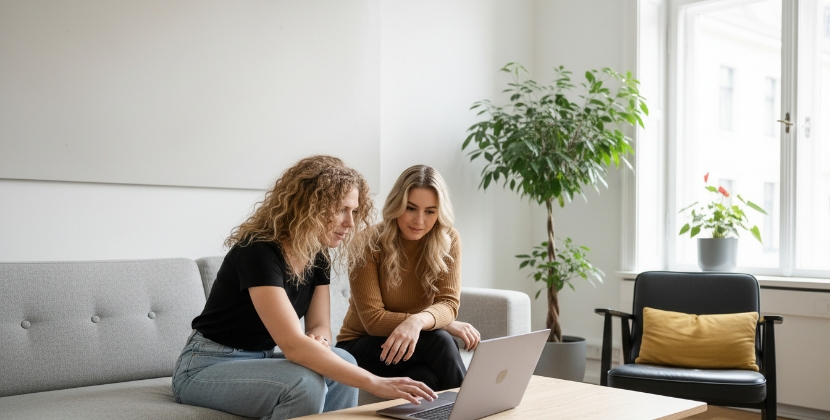 twee vrouwen werken samen aan AI SEO strategie op laptop