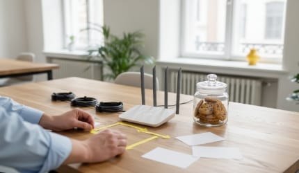 caching and vacancy routing for an ATS feed, desk setup with router, cables, and planning cards