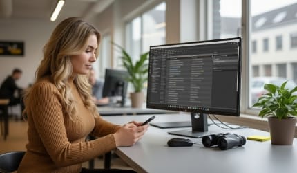 Cockpit integration monitoring view, logs and alert list on wide screen with binoculars
