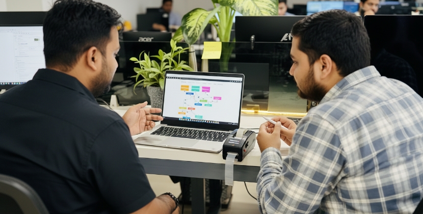 Twee developers bespreken website contentstructuur en sitemap op laptop in druk kantoor