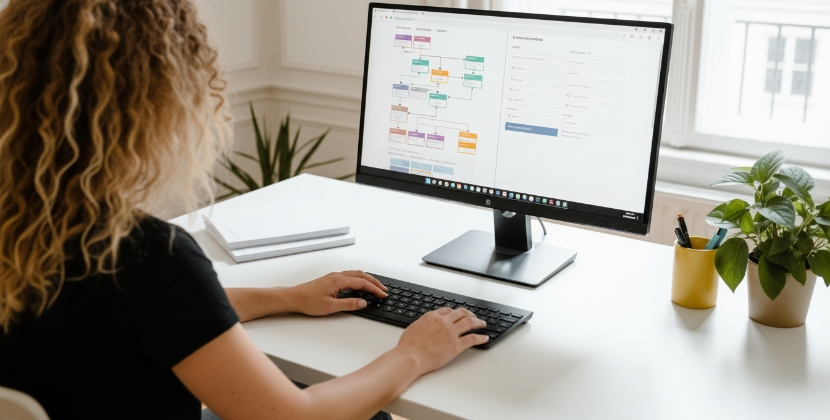 Vrouw werkt aan content model en informatiearchitectuur op groot monitor