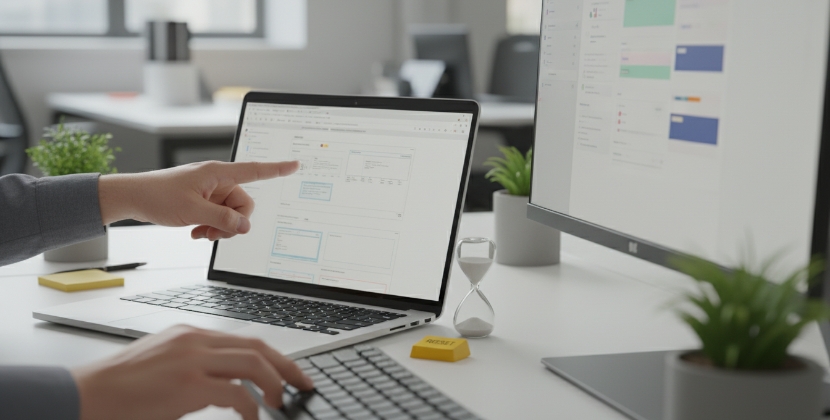 Hand wijst naar CMS-velden en contentstructuur op laptop naast zandloper