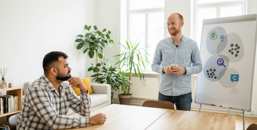 Consultant legt AI overviews optimalisatie uit aan klant met overzicht van AI-platforms