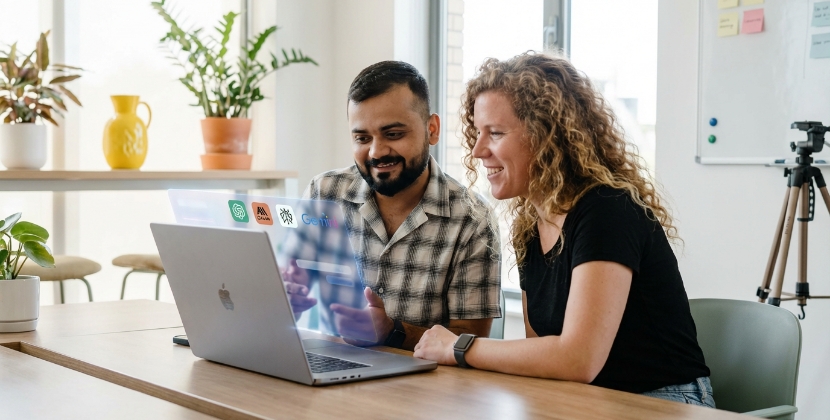 Twee collega's analyseren AI SEO-resultaten op laptop met AI-platform iconen