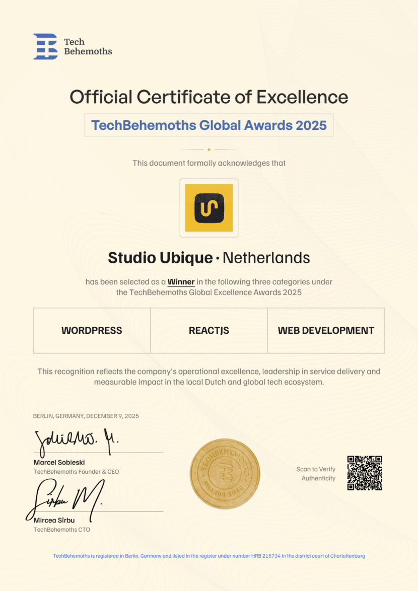 TechBehemoths Global Awards 2025 certificaat voor Studio Ubique in WordPress, ReactJS en Web Development