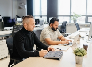 Two colleagues working at desks with laptop and tablet