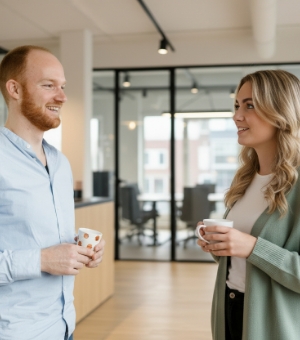 Two colleagues chatting over coffee in the office