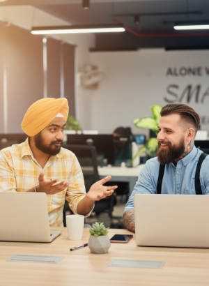 Two colleagues discussing a project at laptops in the office