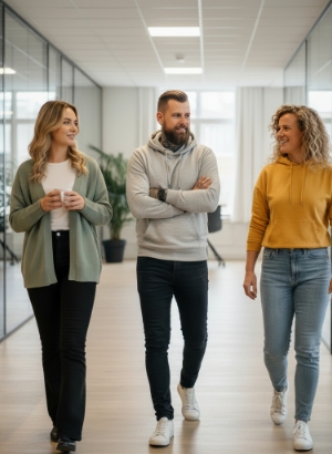 Three colleagues walking together in a bright office hallway