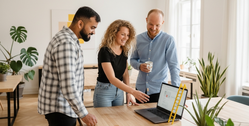 Team bespreekt strategie om negatieve zoekresultaten te verwijderen op laptop in licht kantoor