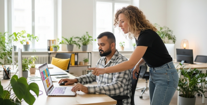 Twee collega's analyseren negatieve zoekresultaten voor online reputatiemanagement op laptop