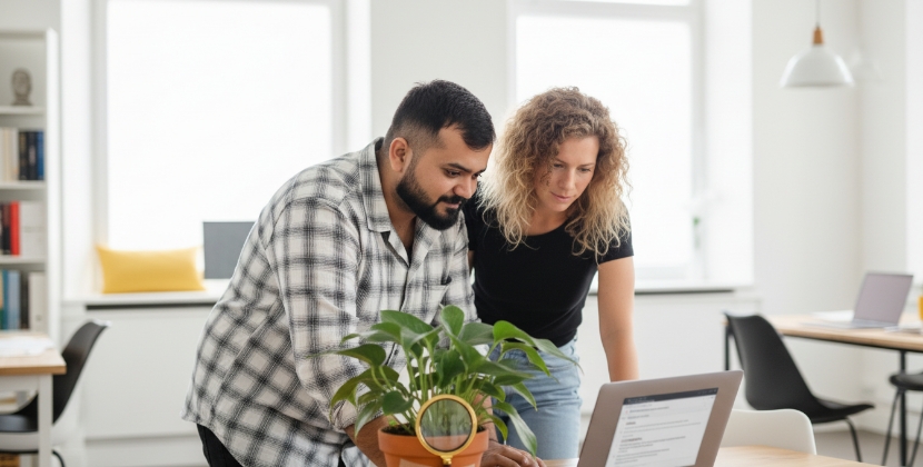 Twee collega's onderzoeken negatieve Google resultaten voor reputatieherstel op laptop