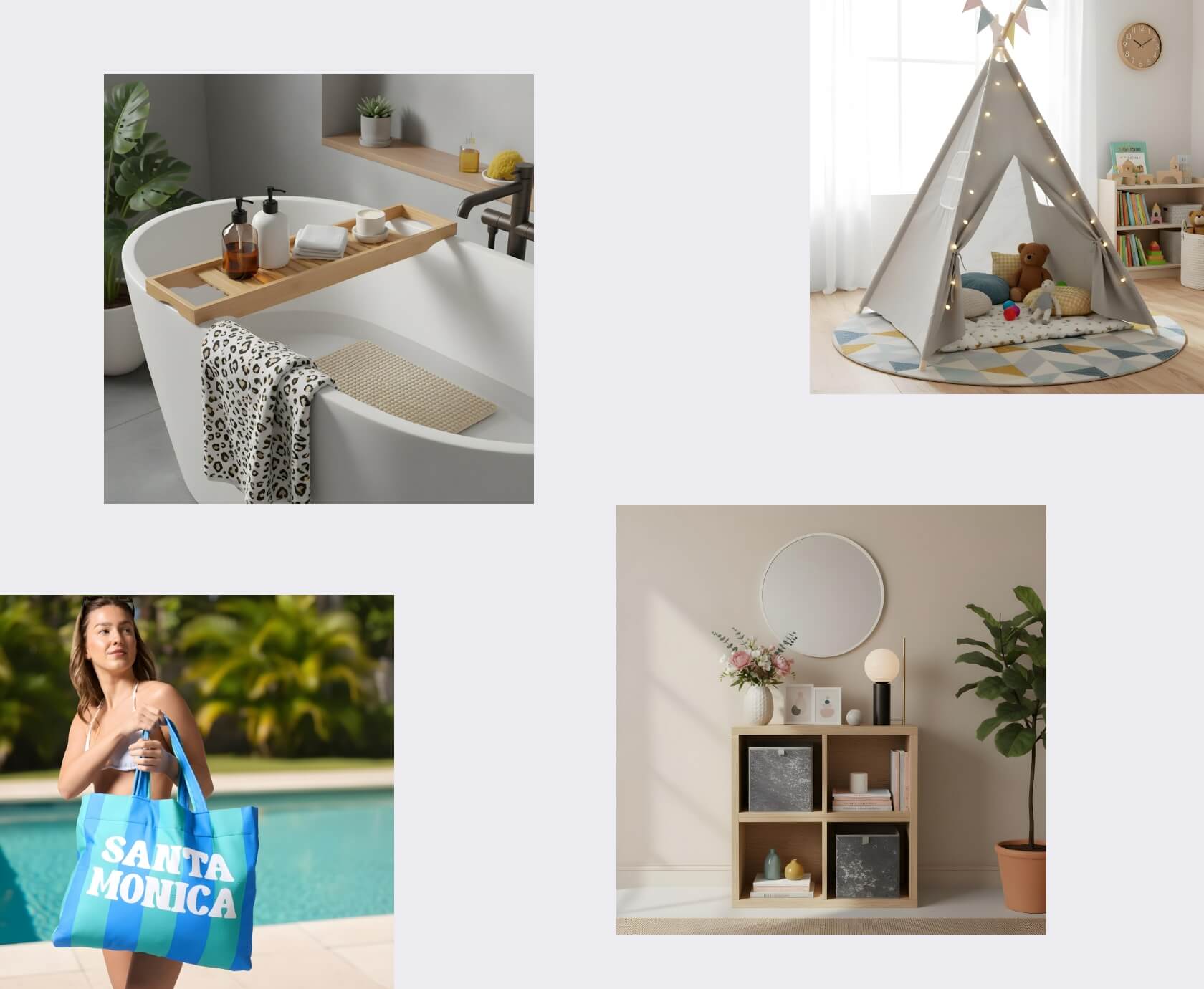 AI lifestyle productfotografie voor webshops. Collage van AI in-situ productbeelden voor ecommerce, badkamer, interieur en lifestyle scènes