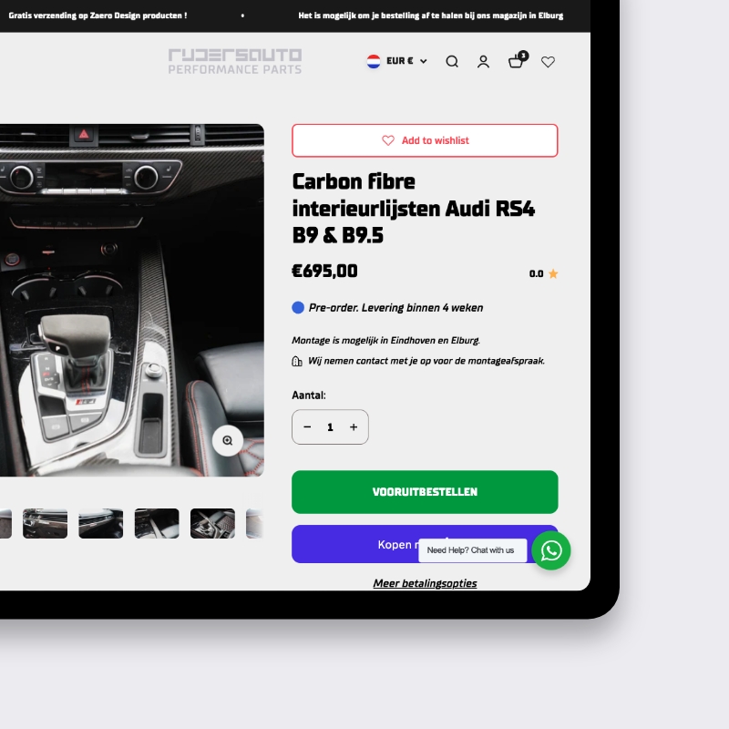 Shopify productpagina carbon interieurlijsten Audi RS4 met pre-order