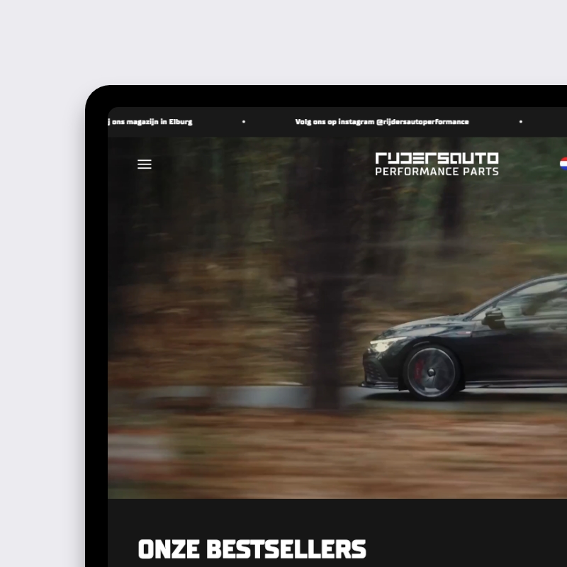 Rijdersauto Performance Parts Shopify webshop homepage op tablet
