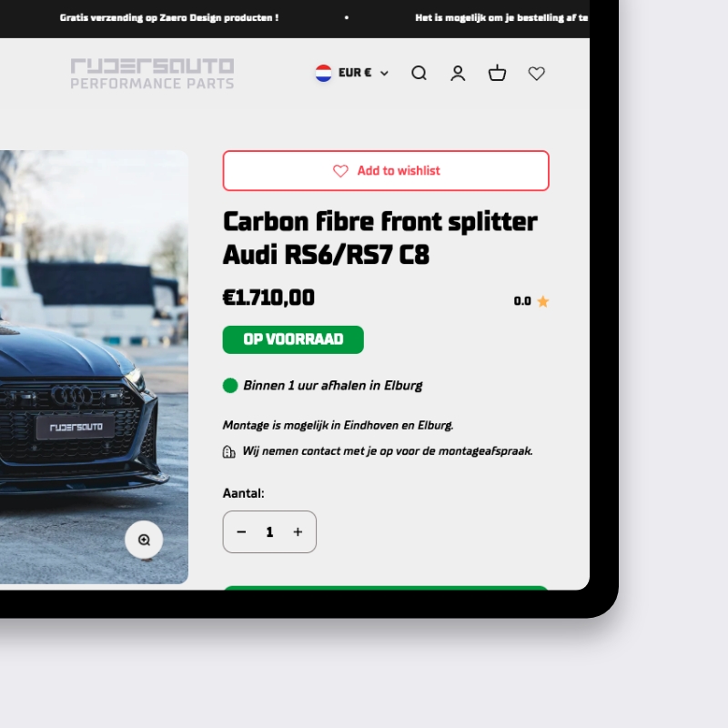 Shopify productpagina met voorraadstatus en afhalen binnen 1 uur in Elburg