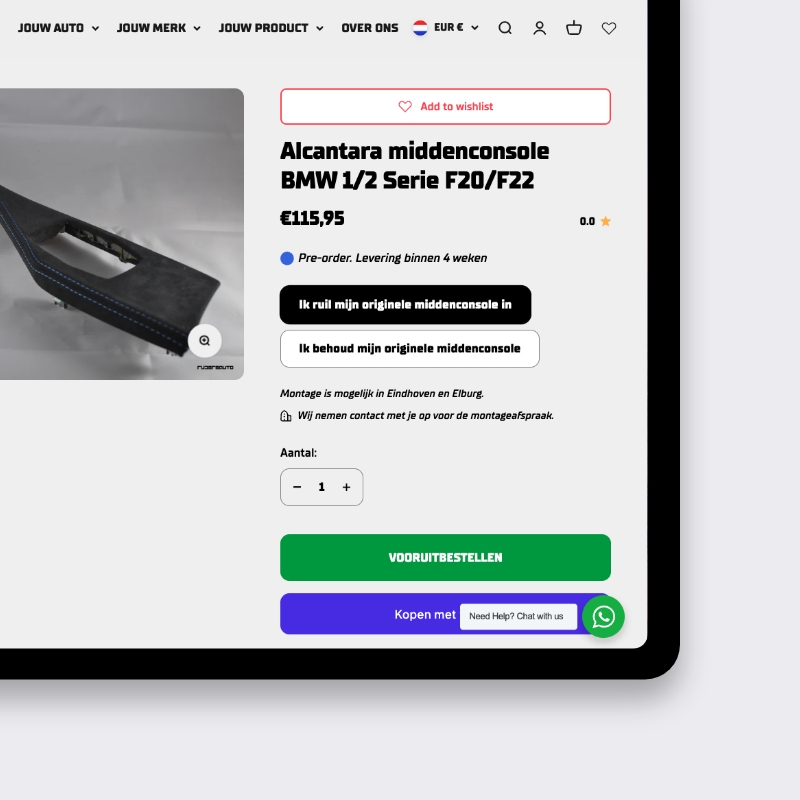 Shopify productpagina Alcantara BMW met pre-order en levertijdindicatie