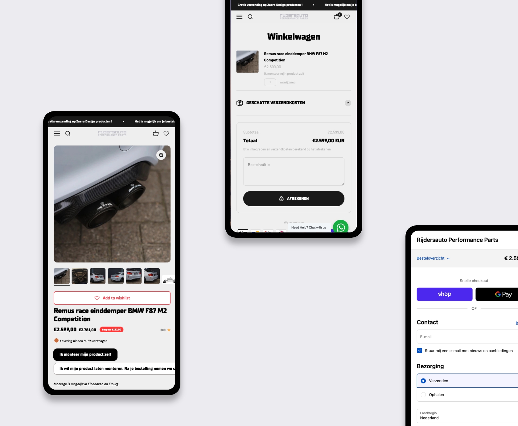 Mobiele Shopify winkelwagen en afrekenflow Rijdersauto Performance Parts
