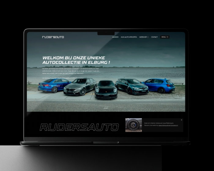Shopify rebuild for performance parts, laptop mockup of the Rijdersauto storefront