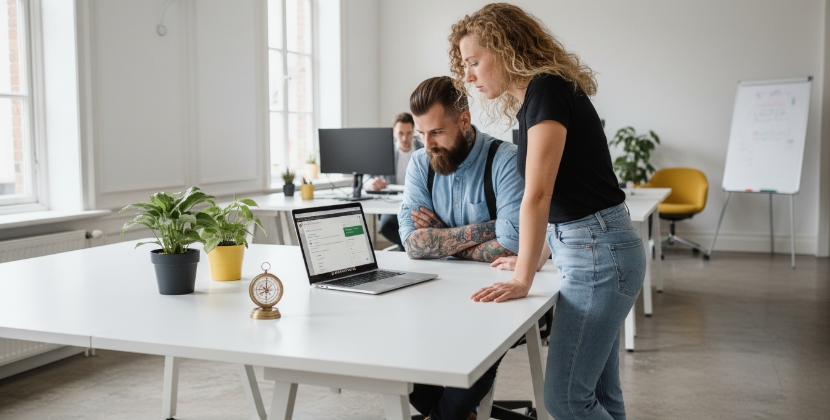 Twee collega's bekijken lokale SEO resultaten op laptop in licht kantoor