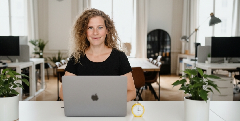 Vrouw werkt aan lokale SEO strategie op MacBook in modern kantoor