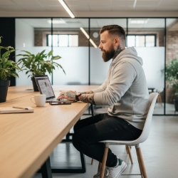 Collega werkt aan een laptop aan een lange tafel in een modern kantoor met glaswanden en planten.