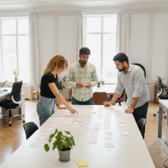 Drie collega’s plannen werk met kaartjes op een grote tafel in een lichte kantoorruimte