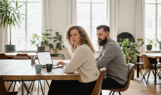 Twee collega’s zitten aan een houten tafel met laptop in een lichte kantoorruimte met planten.