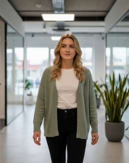 Collega loopt door een kantoorhal met glaswanden en planten op de achtergrond.