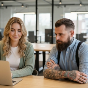 Team van webdesign bureau Studio Ubique werkt samen aan laptop in modern kantoor