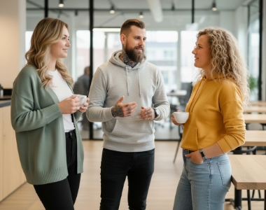 Collega’s bespreken project met koffie in kantoor van Studio Ubique